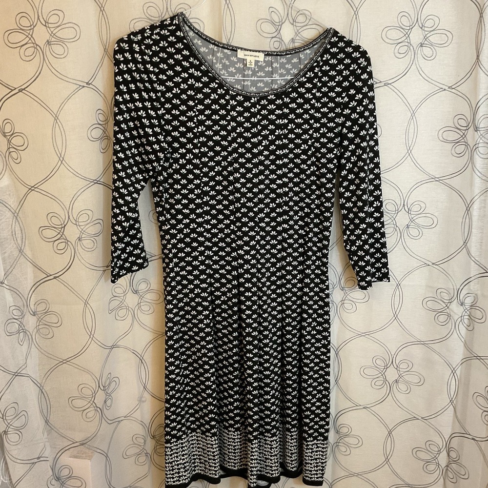 Max Studio Navy Blue‎ Floral Dress FitFlare 3/4 Sleeve Knee Length Size Small